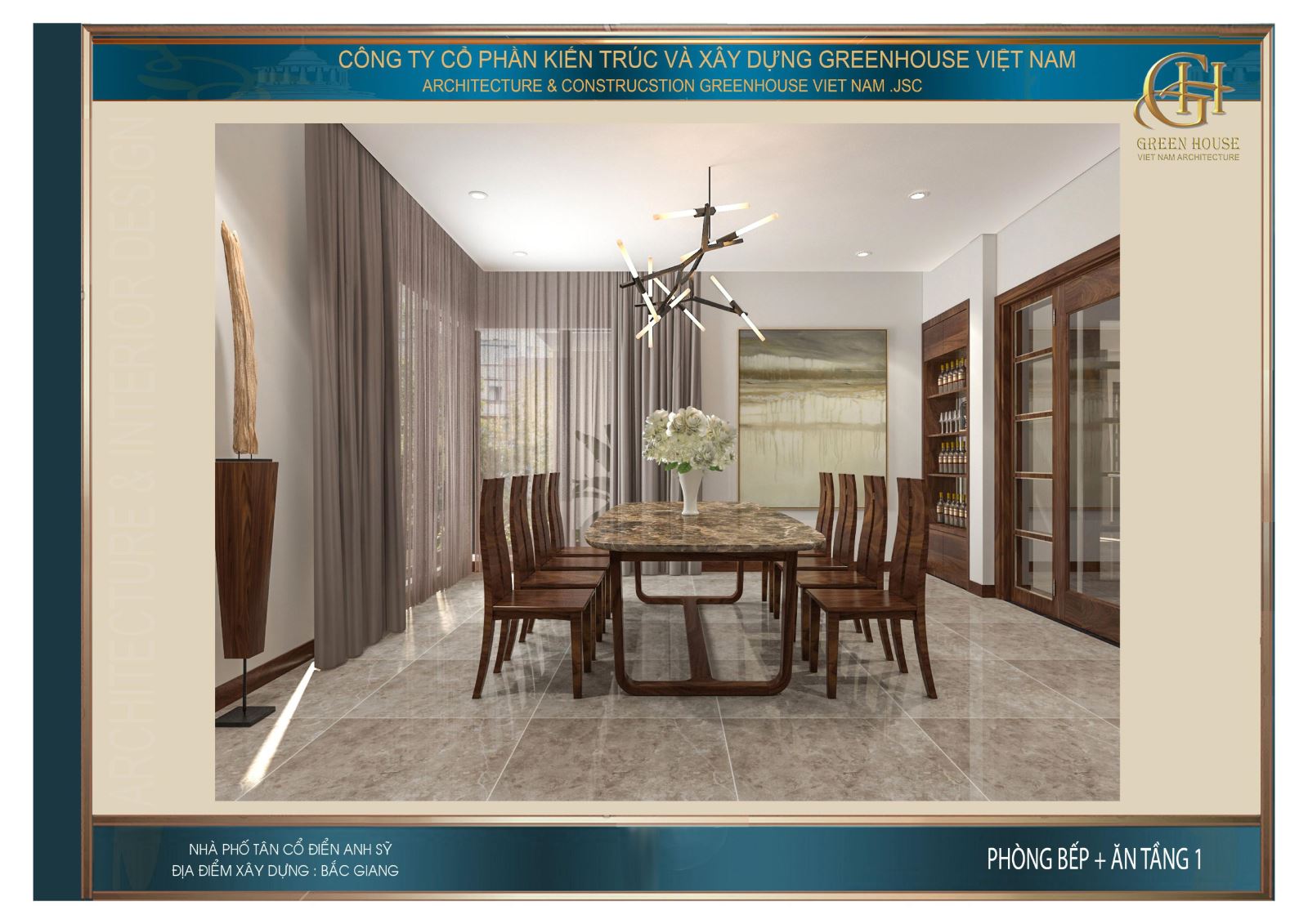 Không gian phòng ăn ngăn cách với phòng khách bằng cửa kính