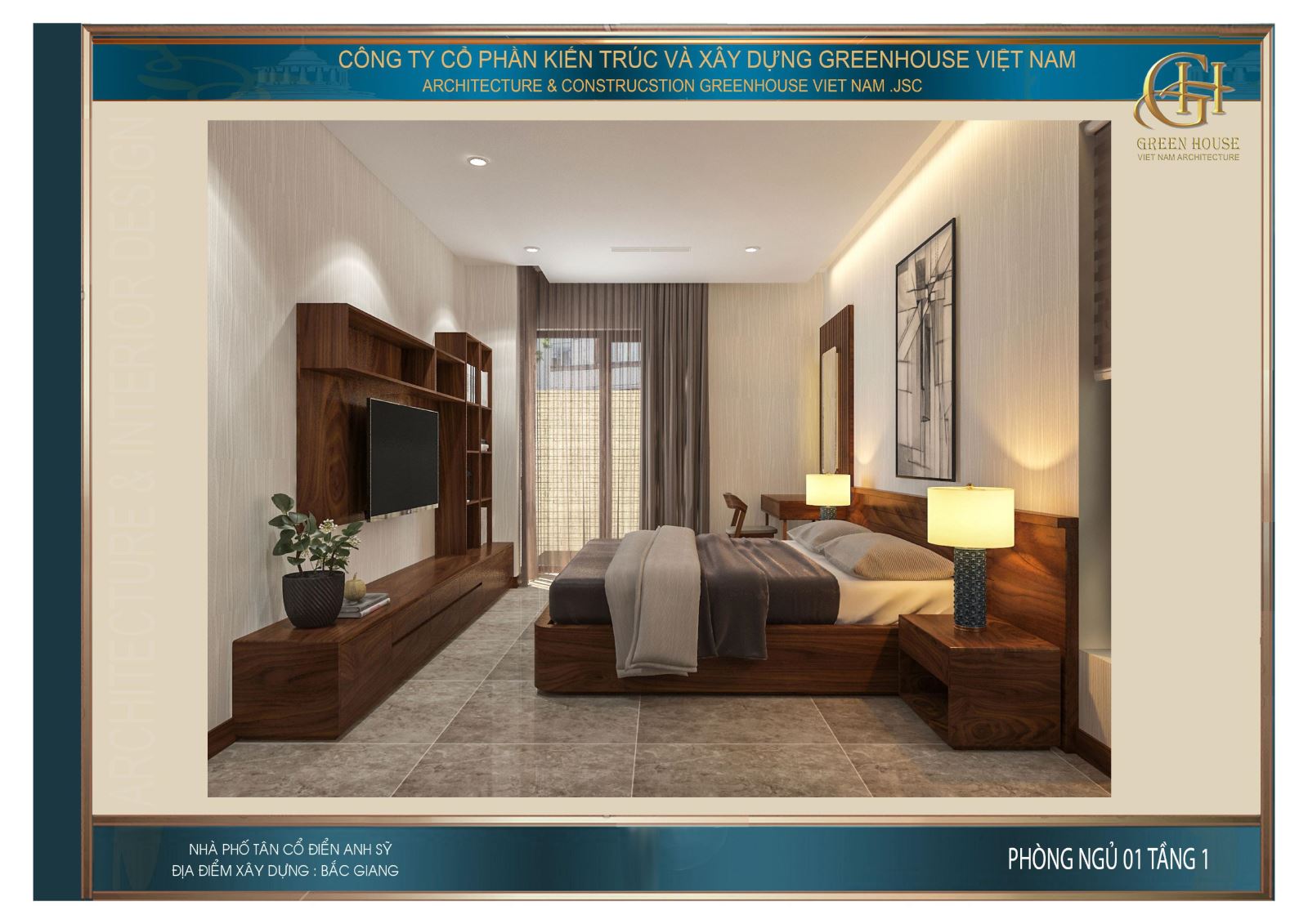 Không gian phòng ngủ dành cho khách tại tầng 1 của nhà phố tân cổ điển