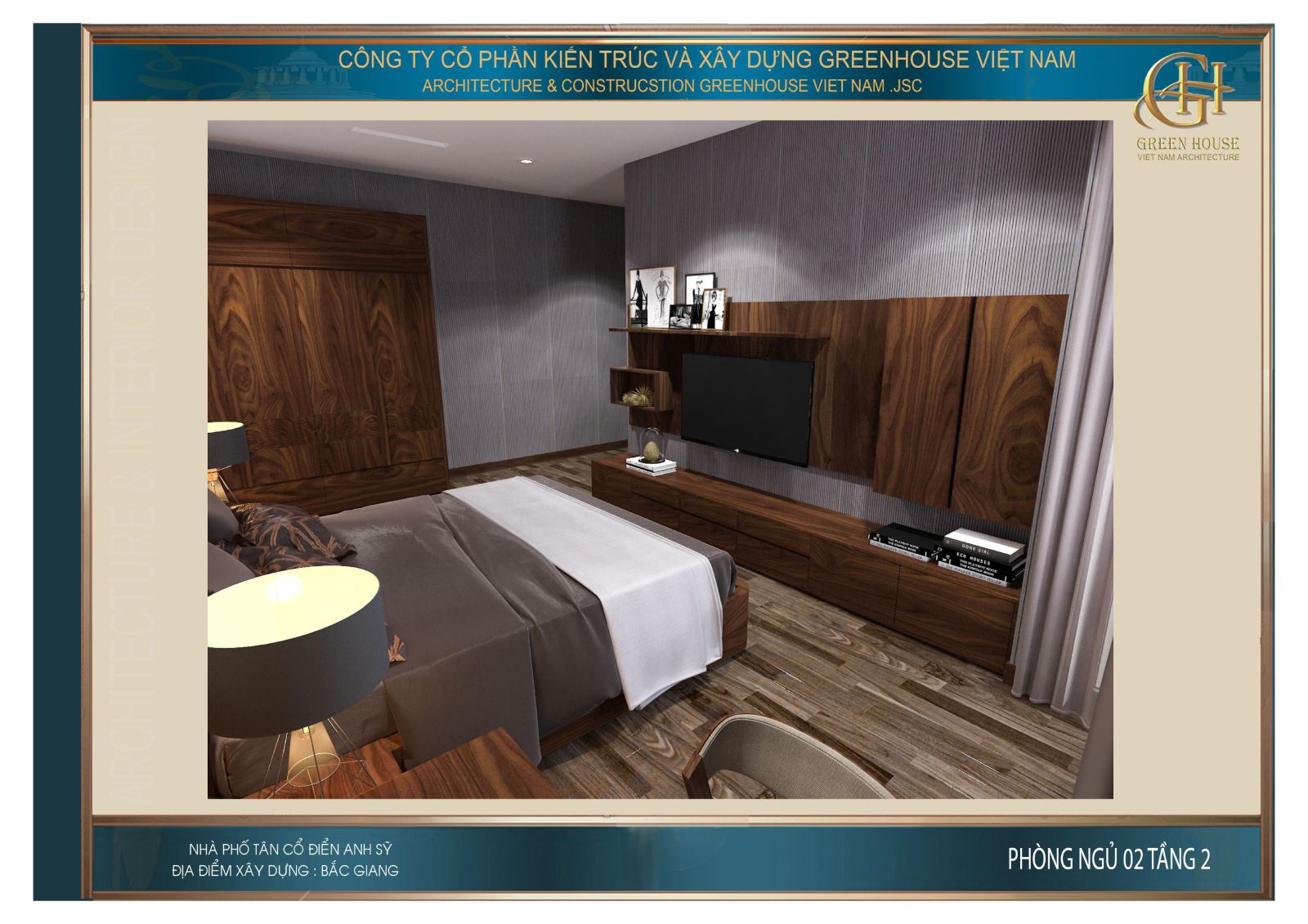 Đối diện với giường ngủ là kệ TV treo tường