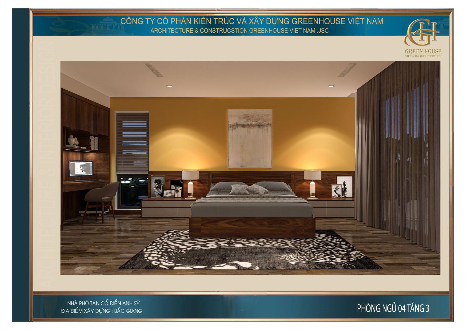 Căn phòng mang hơi hướng trẻ trung với bức tường trang trí màu vàng