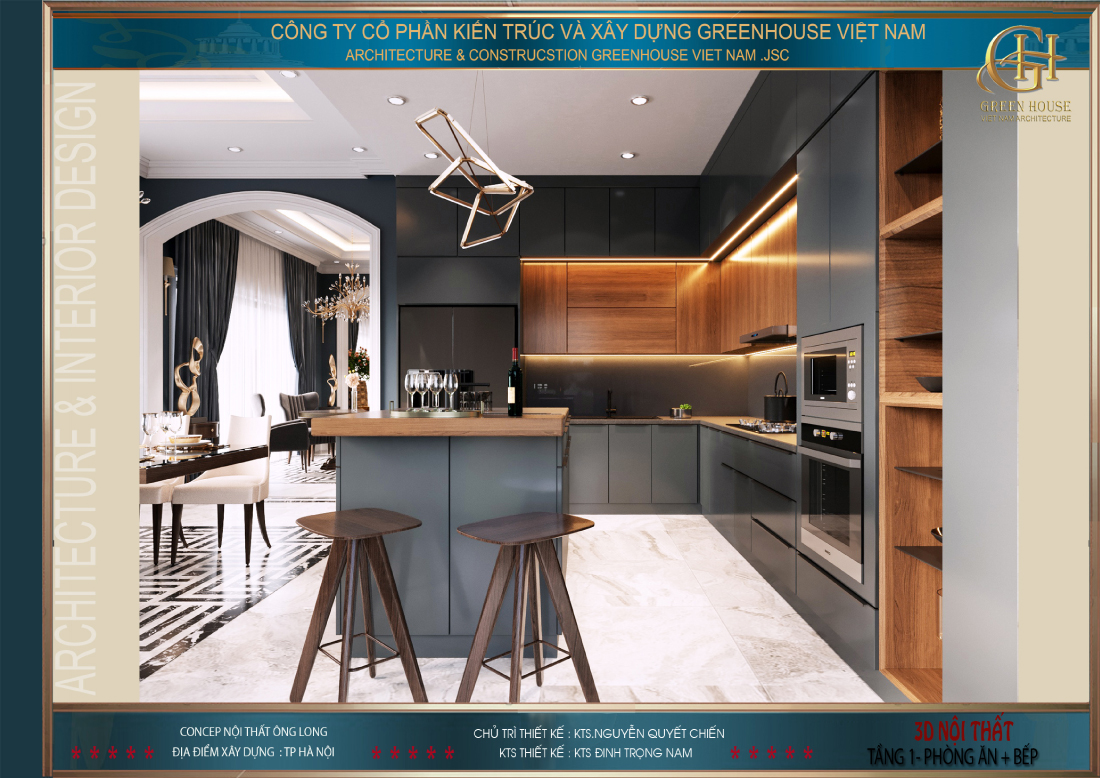 Hệ thống tủ bếp với thiết kế hình chữ L gọn gàng và đầy tính thẩm mỹ