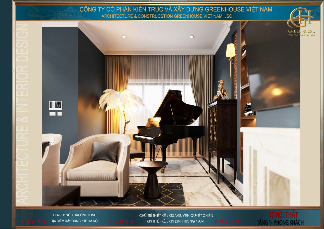 Phòng khách còn được bố trí khu vực chơi đàn, phục vụ những buổi khiêu vũ hay thưởng nhạc của gia chủ