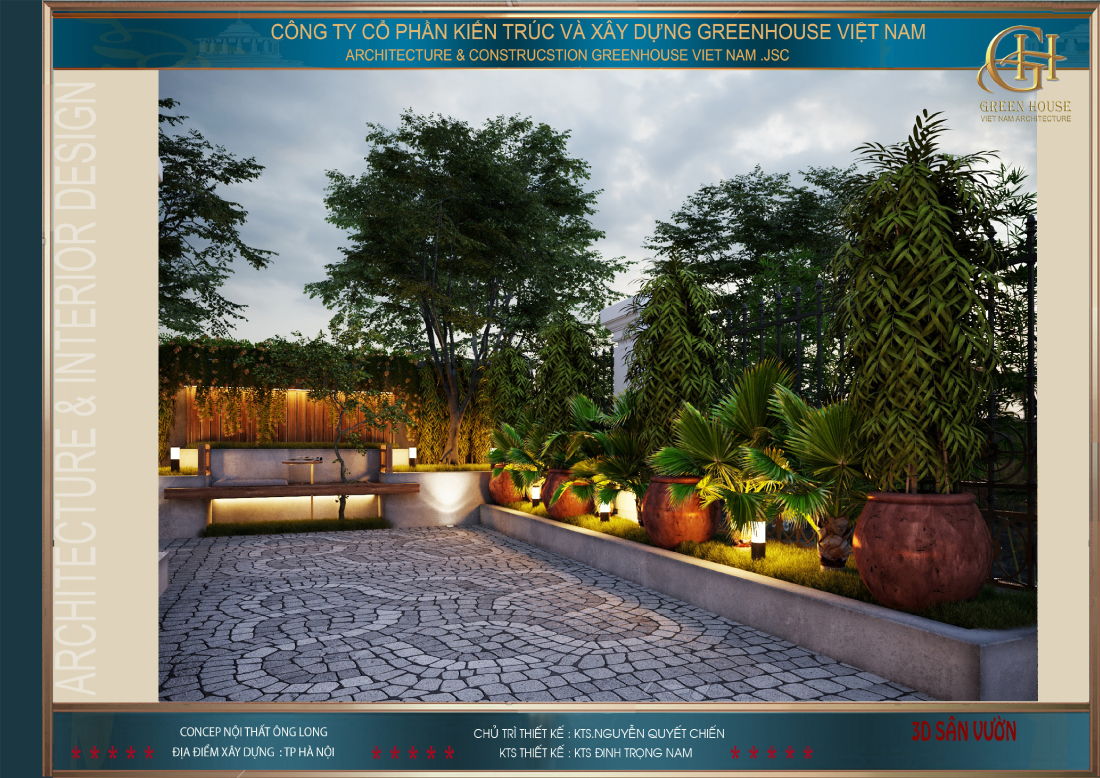 Không gian sân vườn đằng trước nhà được bố trí đa dạng các loại cây cảnh