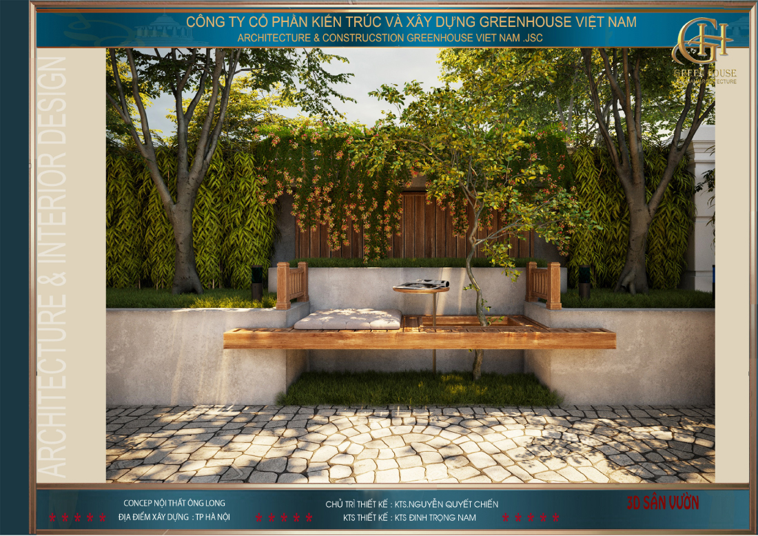 Các KTS đã khéo léo thiết kế những bộ bàn ghế bằng gỗ phù hợp với sân vườn