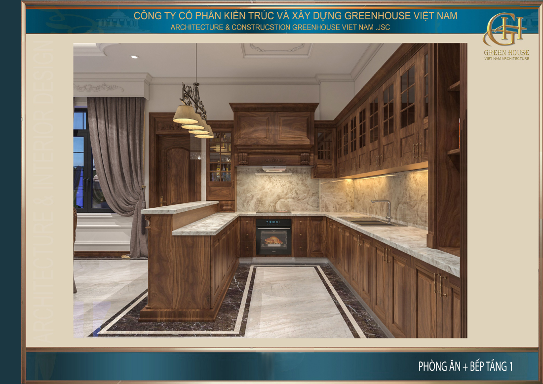 Phòng bếp được bố trí vô cùng ngăn nắp gọn gàng và khoa học