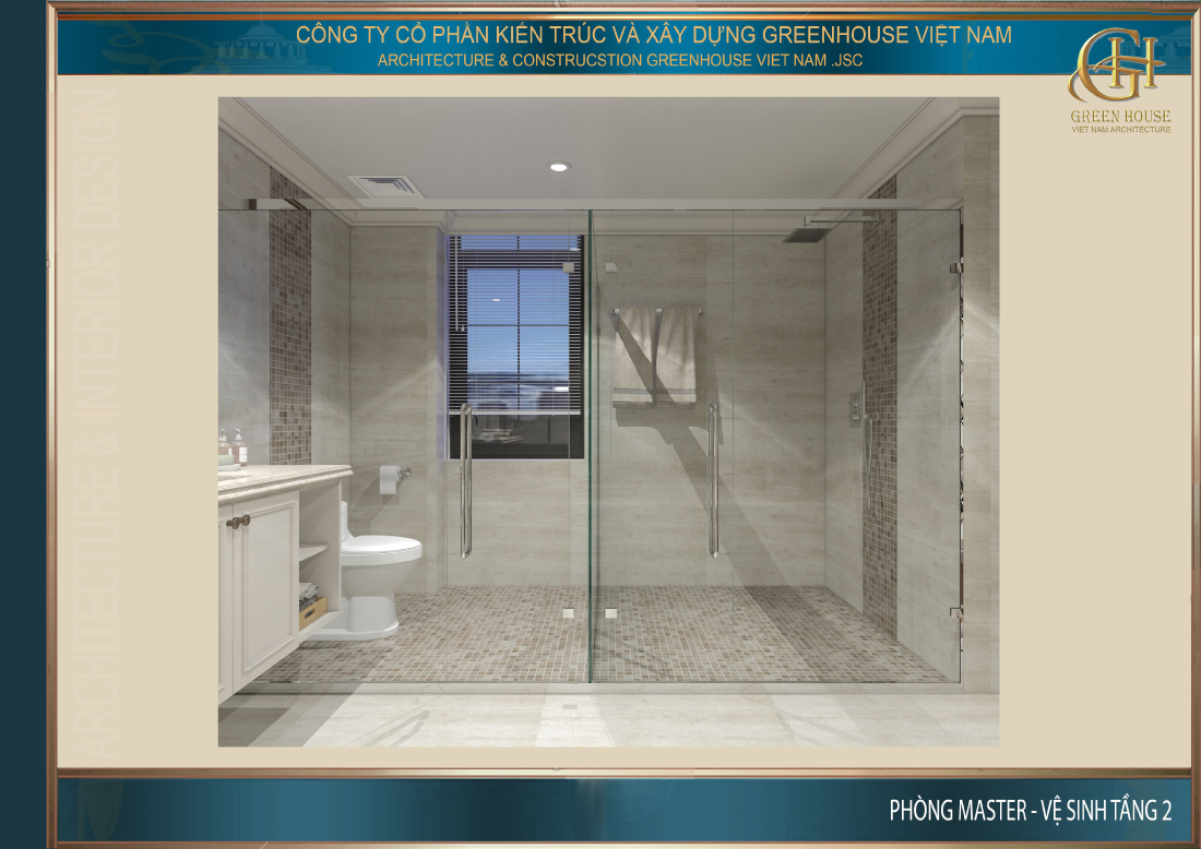 Phòng tắm được thiết kế vách kính ngăn cách tạo ra sự sang trọng