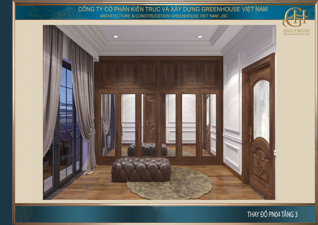 Phòng thay đồ của phòng ngủ tầng 3 được thiết kế tương đồ với tầng 2