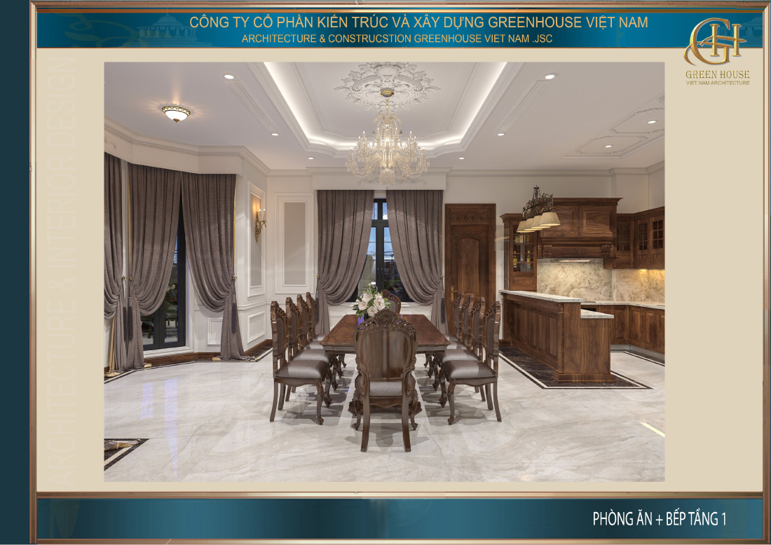 Không gian phòng bếp được thiết kế rộng rãi, tràn ngập ánh sáng