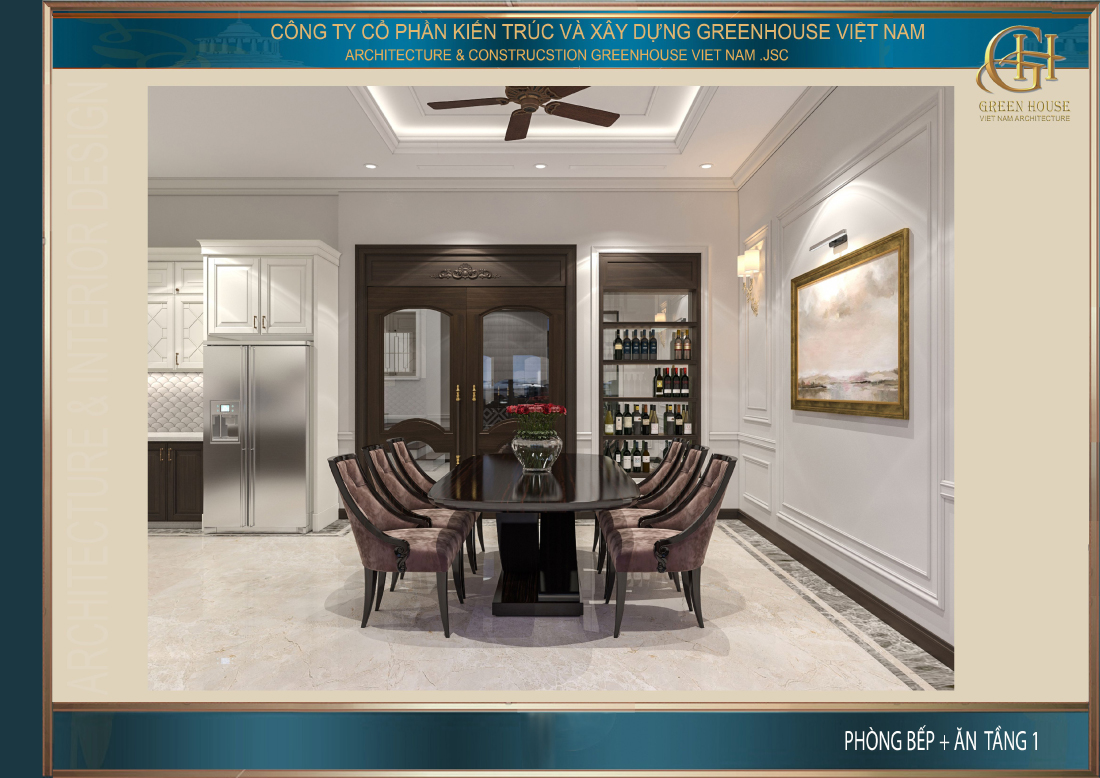 Không gian phòng ăn và phòng bếp của nhà phố tân cổ điển tại Ninh Bình