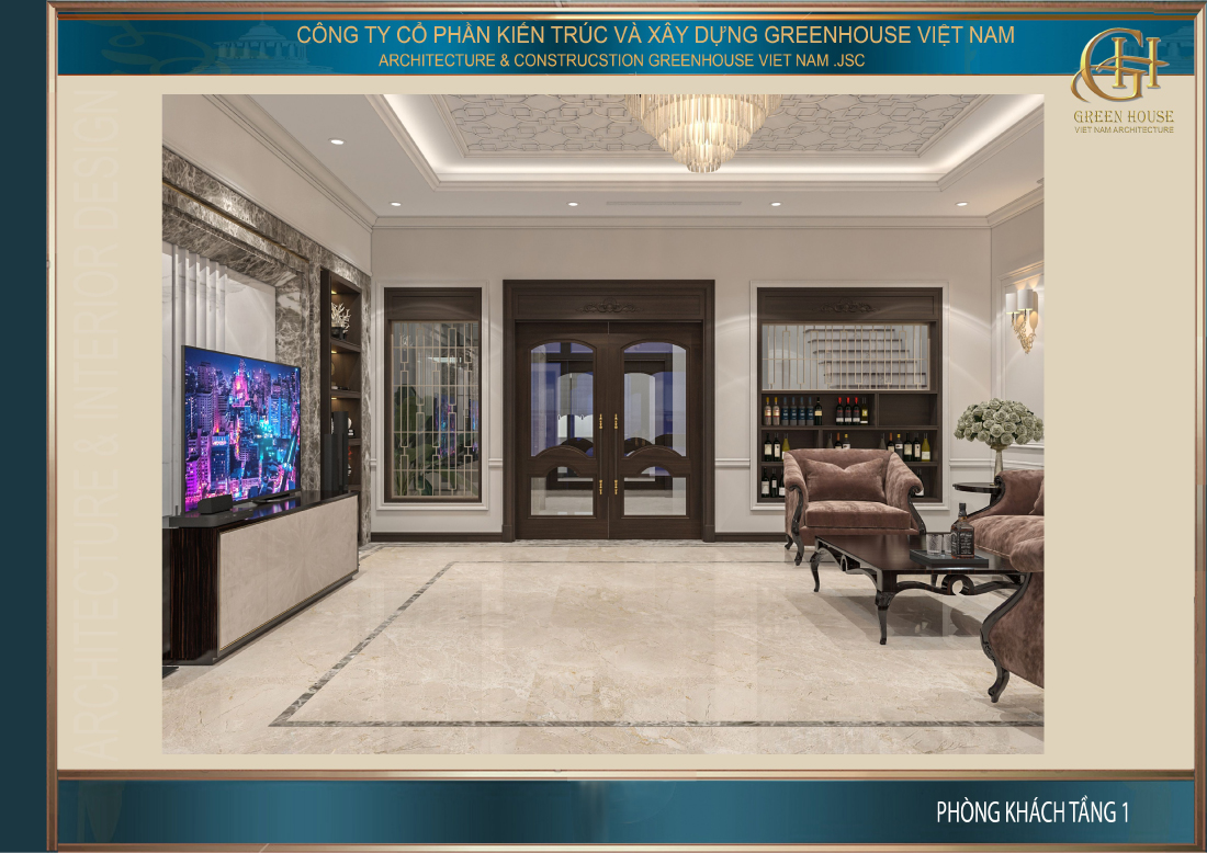 Thiết kế không gian phòng khách cho nhà phố tân cổ điển 4 tầng