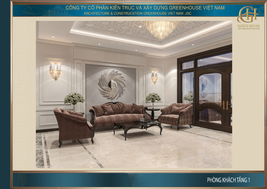 Bức tường phía sau bộ sofa là điểm nhấn ấn tượng cho phòng khách