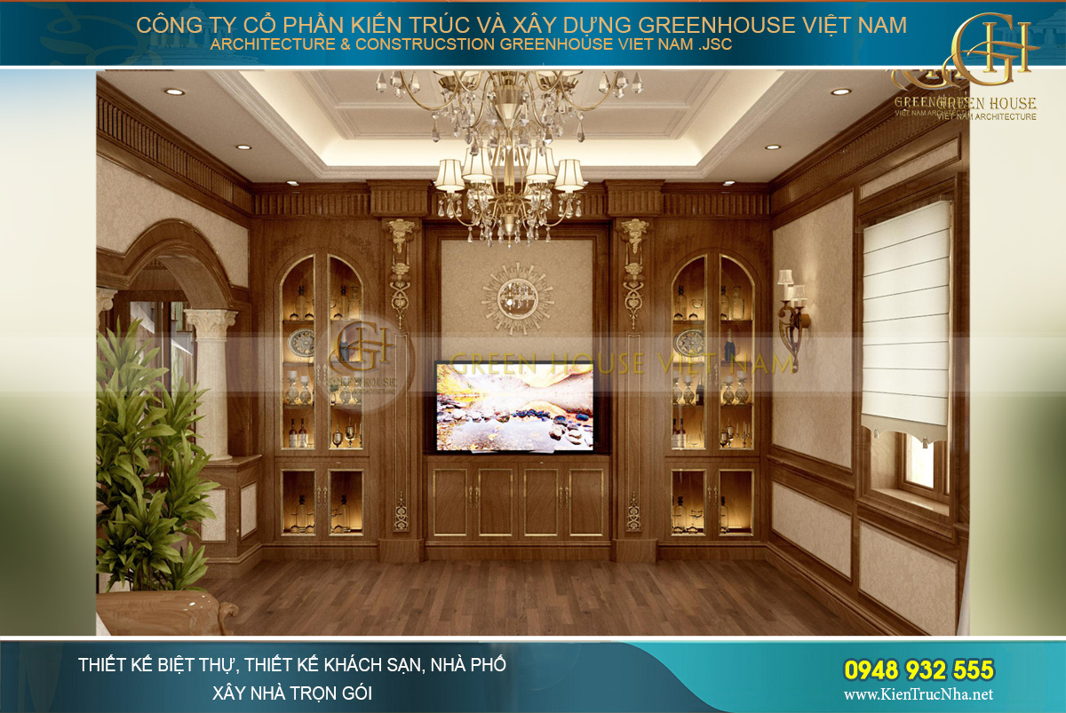 Thiết kế kệ TV kết hợp tủ rượu, tủ trang trí đối xứng đẹp hoàn mỹ