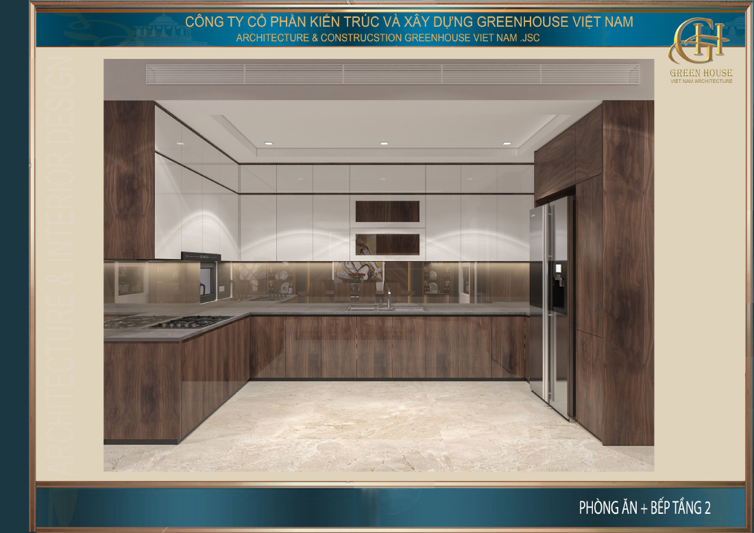 Thiết kế phòng bếp của nhà phố hiện đại với nội thất gỗ sang trọng, đẳng cấp