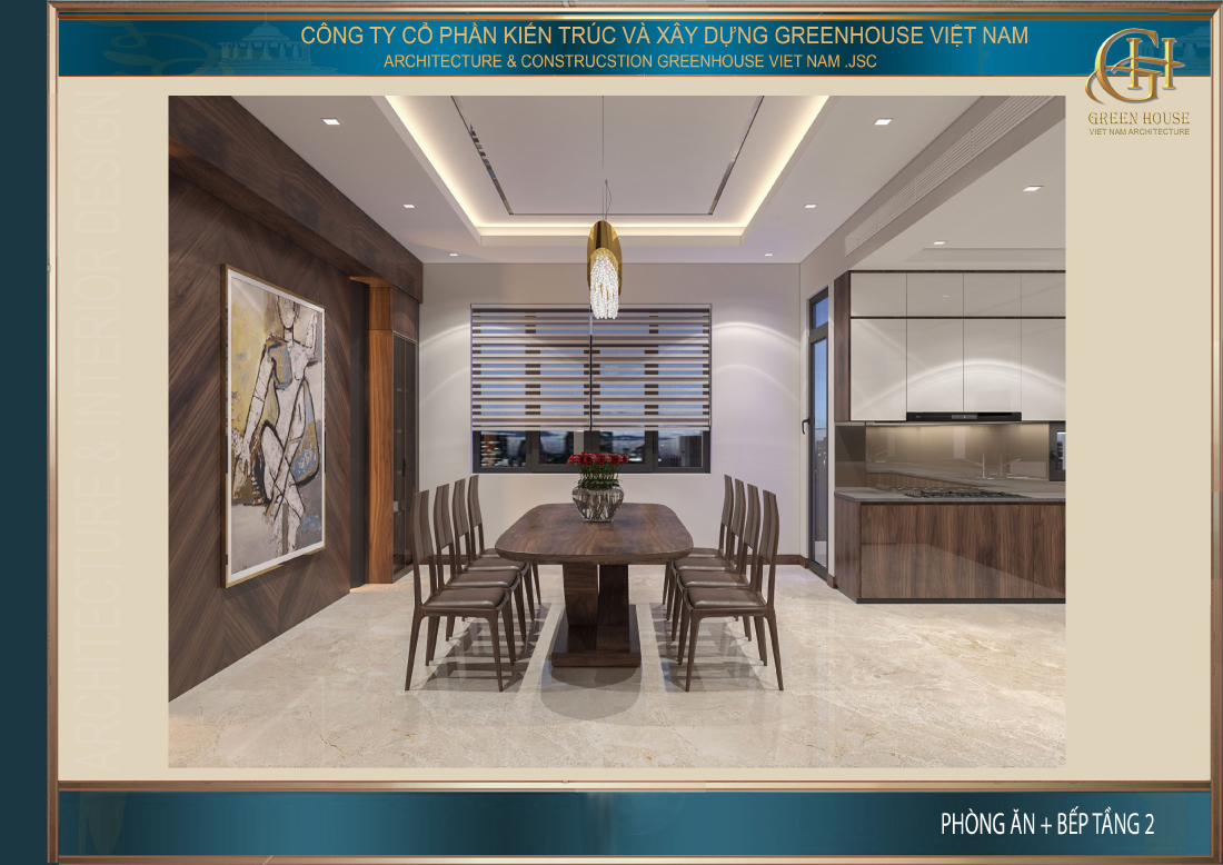 Thiết kế nội thất phòng bếp mở với các khung cửa sổ lớn tràn ngập ánh sáng