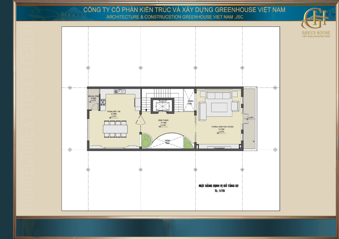 Tầng 2 là khu vực sinh hoạt chung của gia đình với phòng khách và phòng bếp