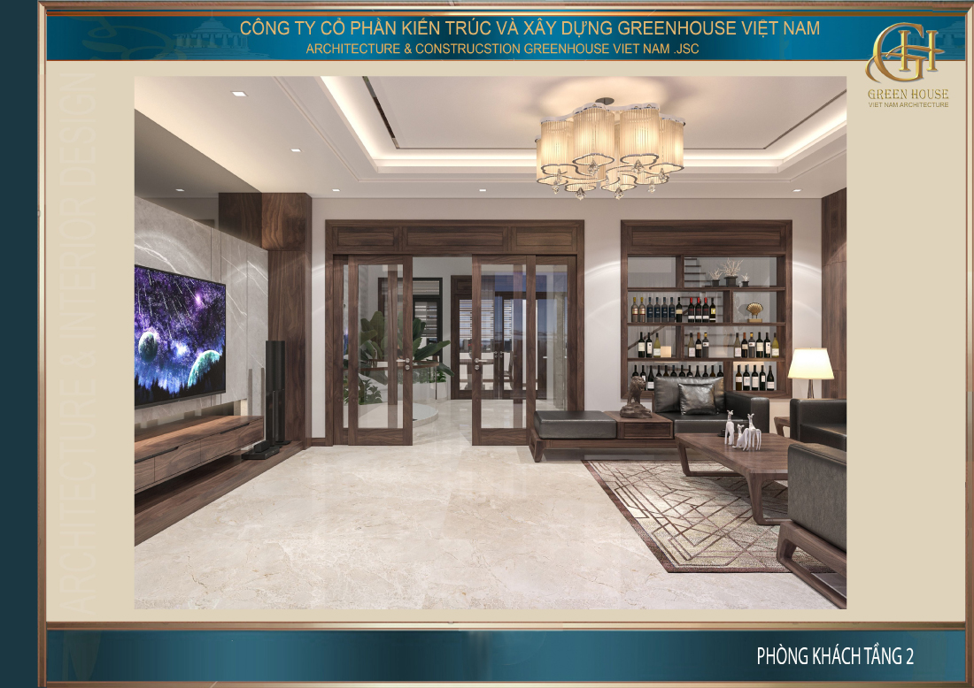 Thiết kế phòng khách với chất liệu gỗ chủ đạo trên nền trắng của tường và trần nhà cao rộng