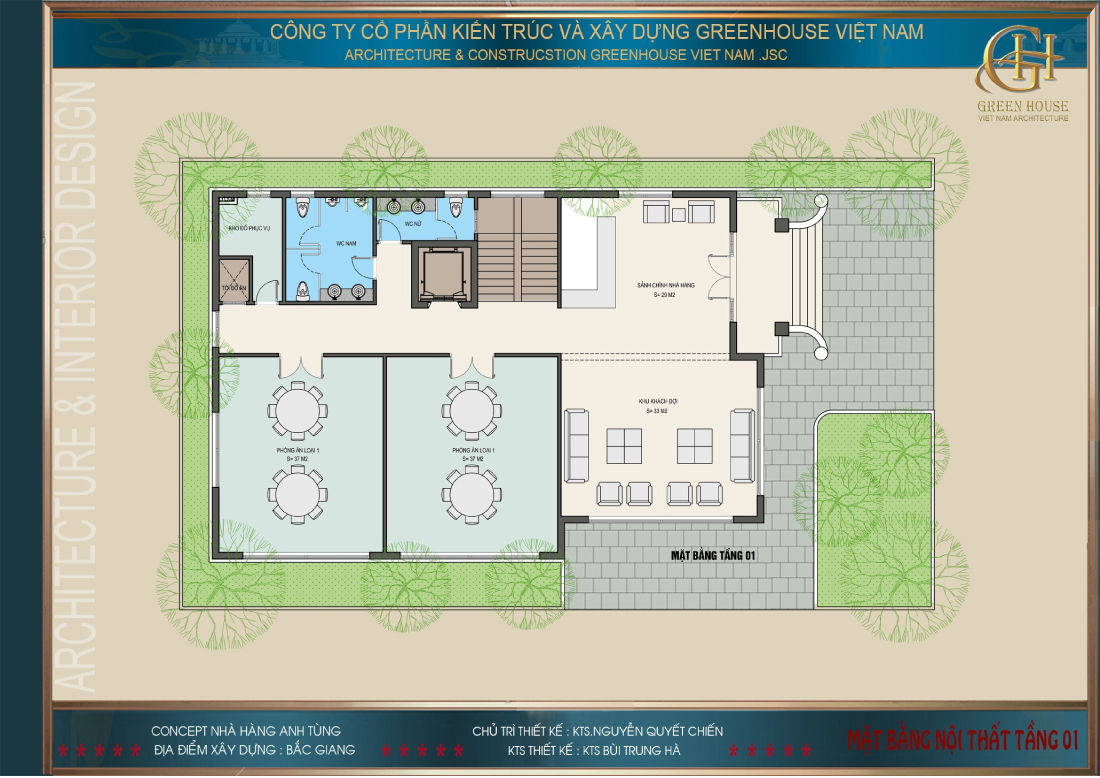 Thiết kế mặt bằng công năng nội thất tầng 1 của nhà hàng ẩm thực tại Bắc Giang