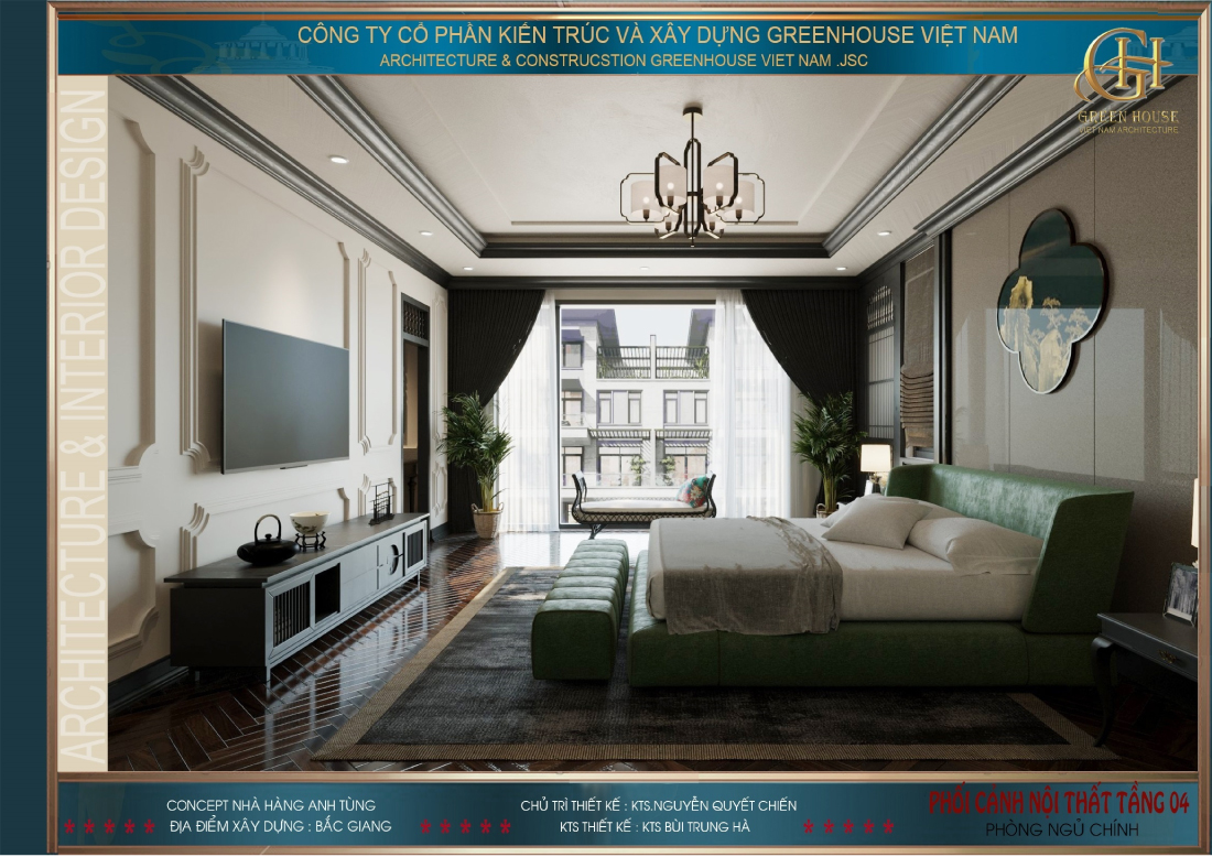 Phòng ngủ gây ấn tượng với chiếc giường lớn màu xanh độc đáo