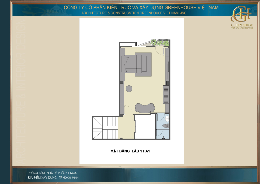 Phối cảnh công năng sử dụng tầng 3 của nhà phố hiện đại 5 tầng tại TP. Hồ Chí Minh