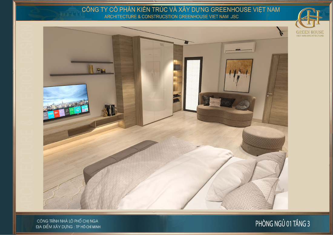 Đối diện giường là kệ TV phục vụ nhu cầu giải trí