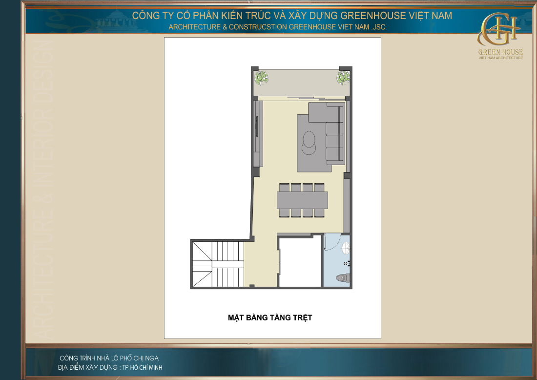 Phối cảnh công năng sử dụng tầng 1 của nhà phố hiện đại 5 tầng tại TP. Hồ Chí Minh