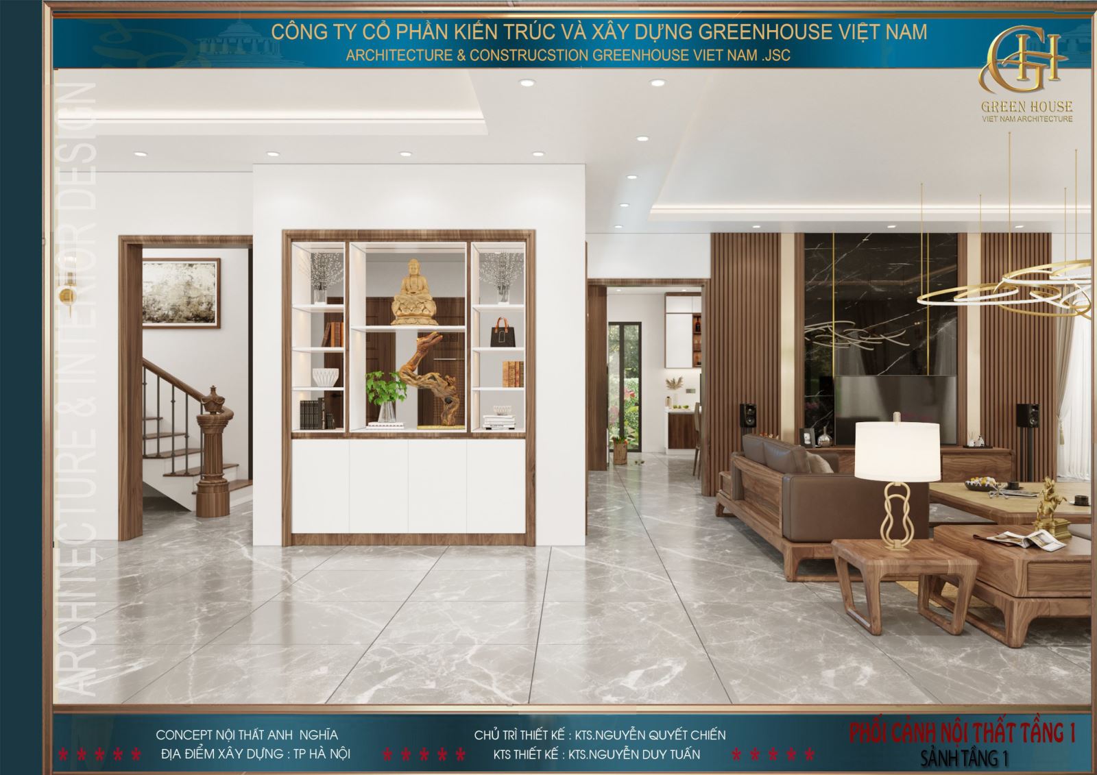 Phía bên phải đại sảnh là không gian tiếp khách chính của biệt thự hiện đại 3 tầng