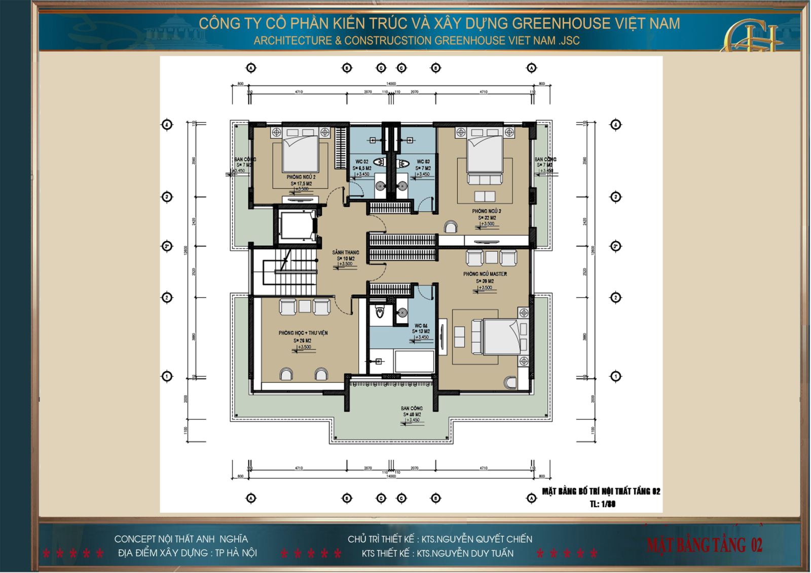 Mặt bằng công năng sử dụng của tầng 2 biệt thự hiện đại 3 tầng