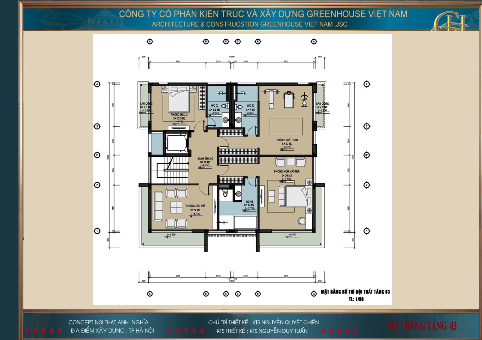Mặt bằng công năng sử dụng của tầng 3 biệt thự hiện đại 3 tầng