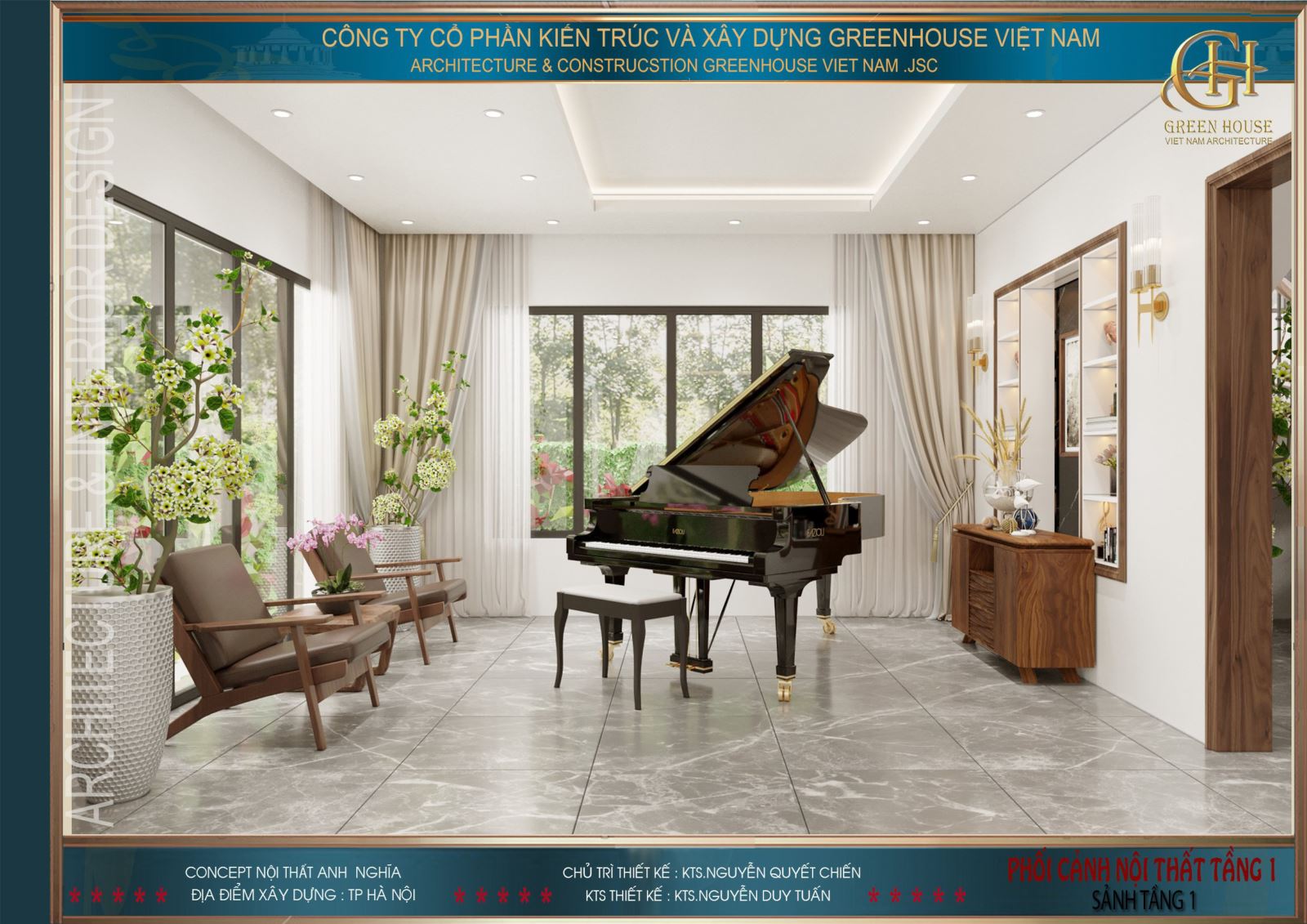 Đại sảnh với diện tích 21m2, được bố trí khu vực chơi đàn, phục vụ những buổi thưởng nhạc của gia chủ