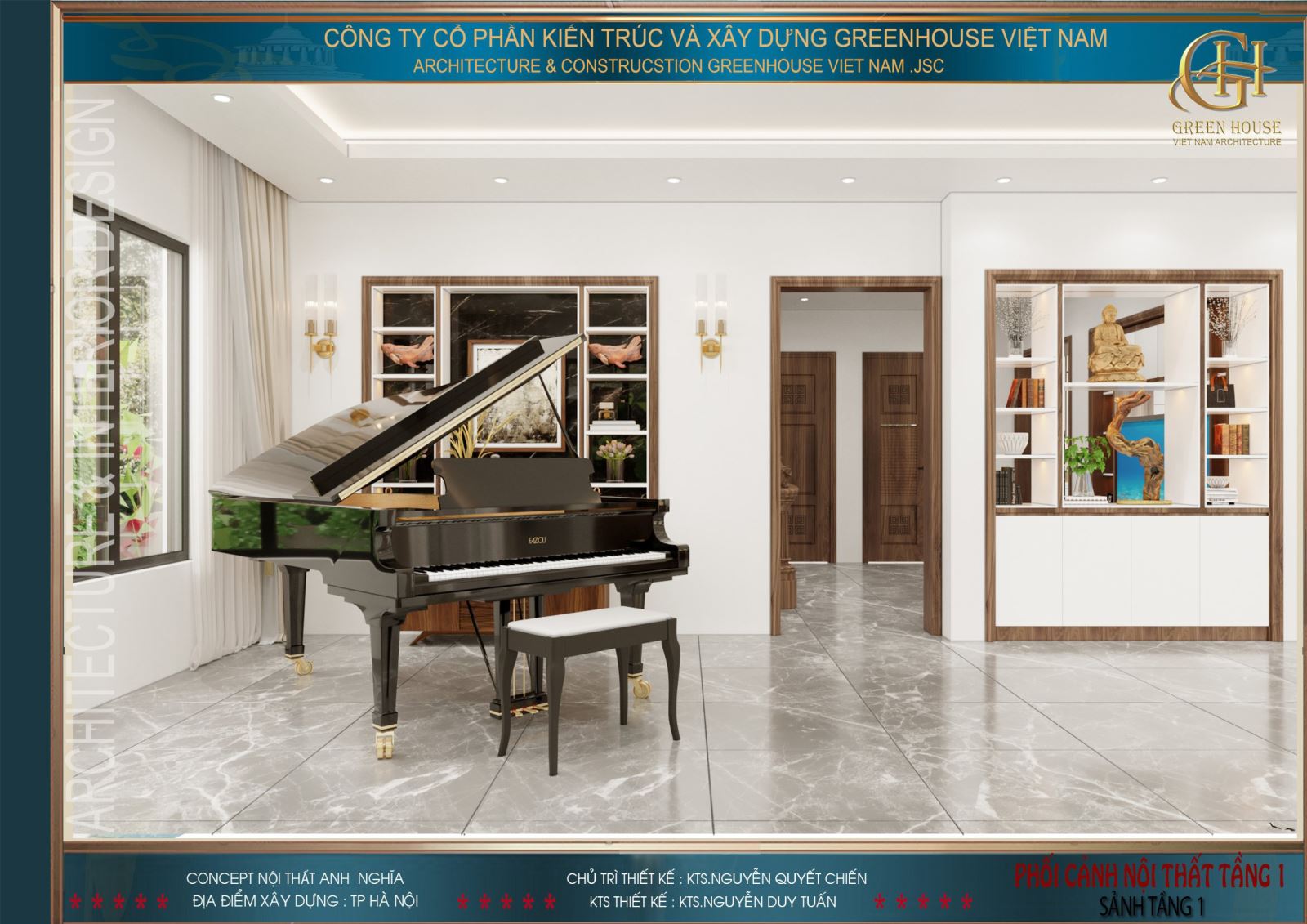 Đại sảnh còn thiết kế kệ để đựng những bức tượng hay sách quý của gia chủ