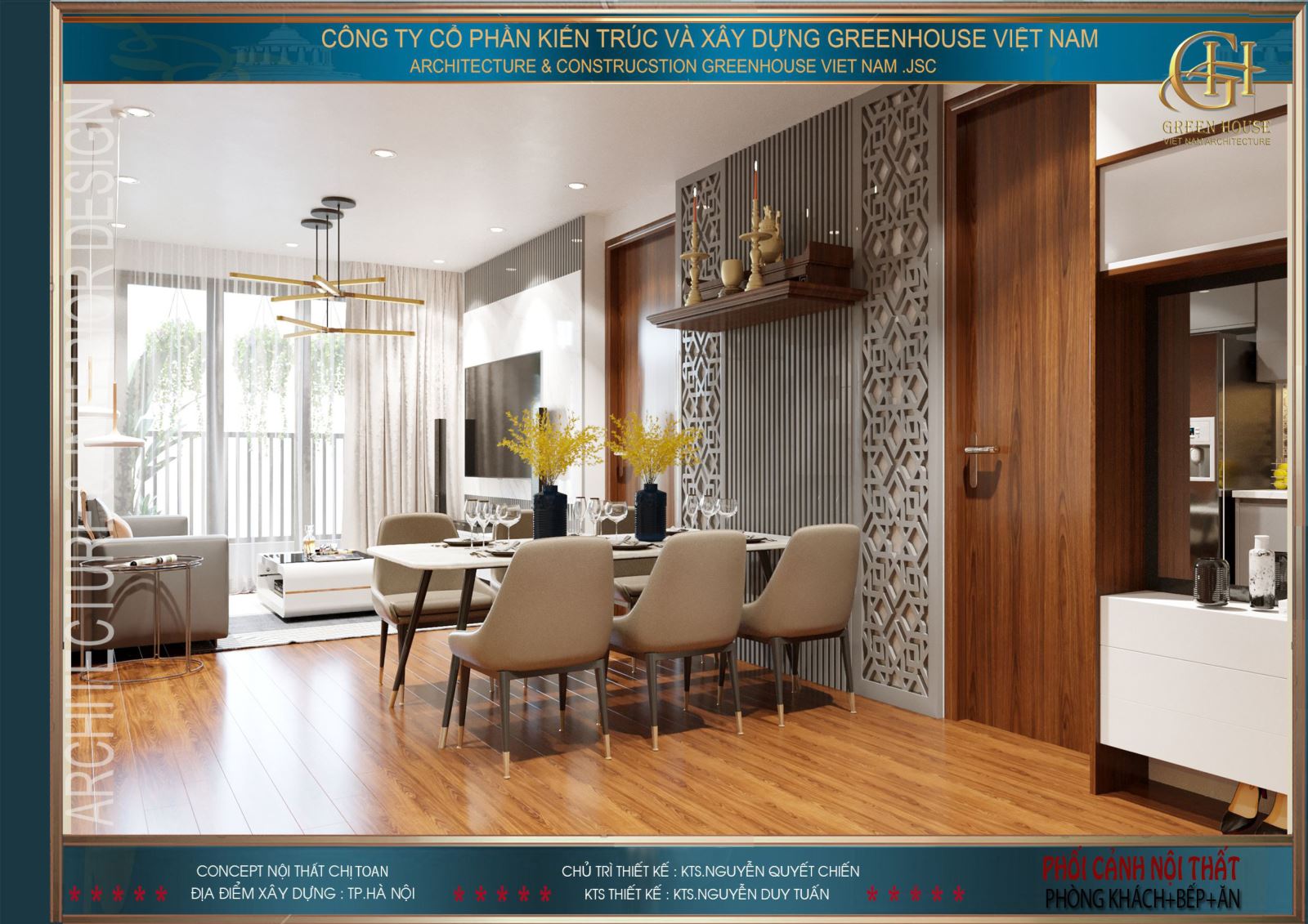 Góc nhìn từ phòng bếp hướng ra phòng khách tràn ngập ánh sáng tự nhiên