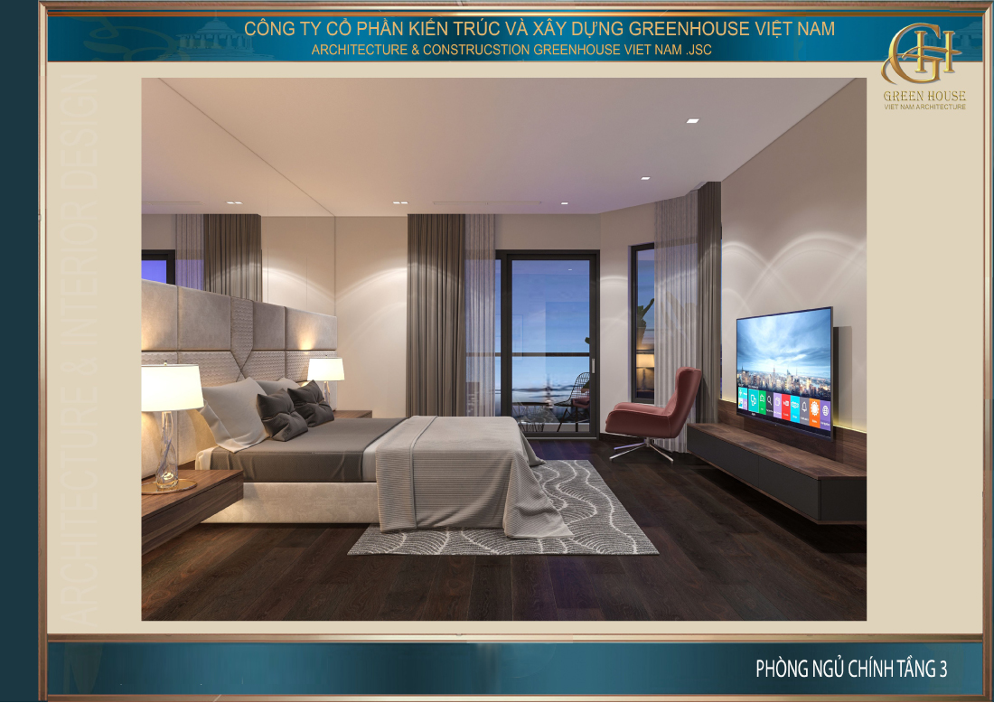 Thiết kế nội thất phòng ngủ chính tầng 3 của nhà phố tân cổ điển tại Hà Nội