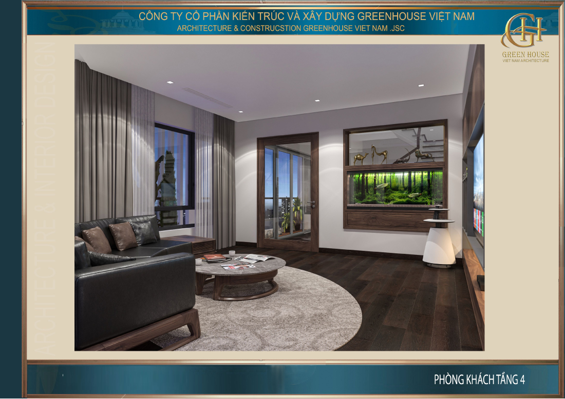 Trong phòng khách còn trang trí 1 bể cá để tăng thêm sinh khí 