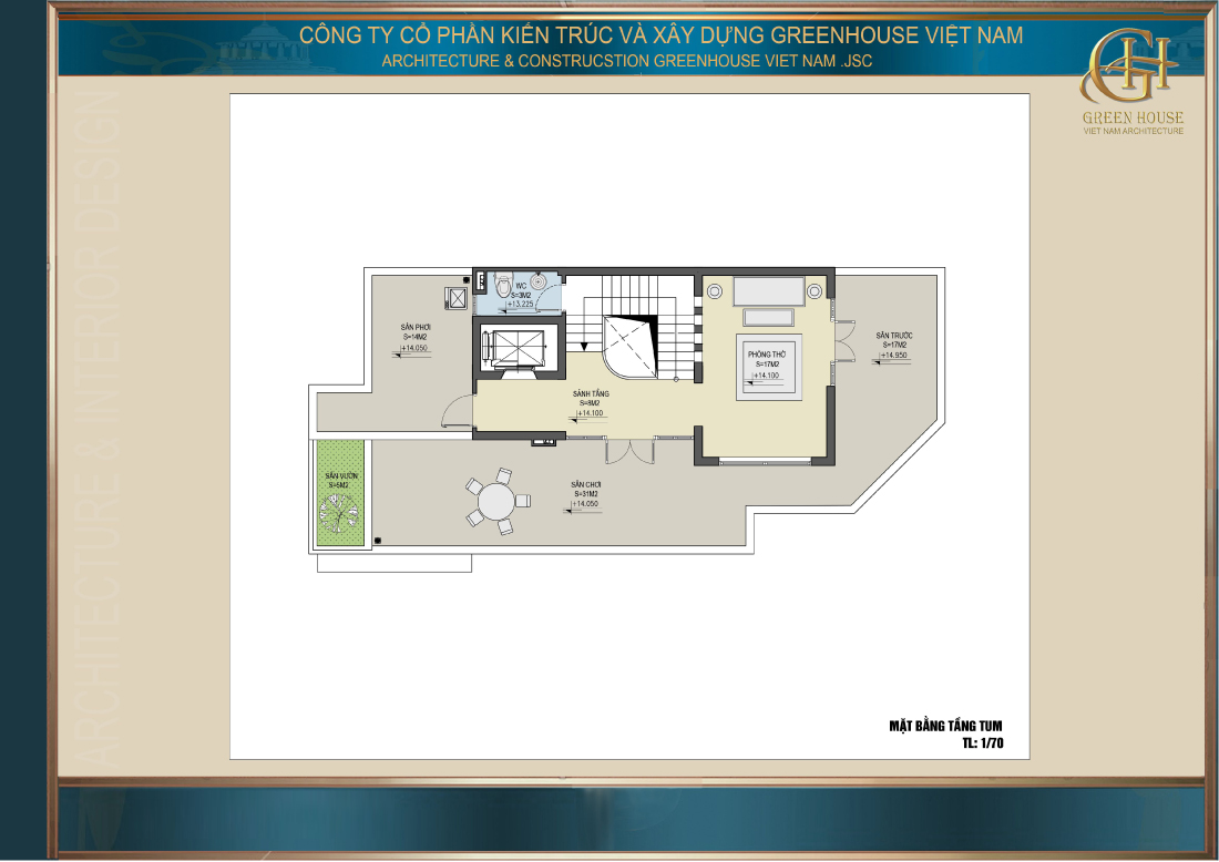 Bố trí công năng sử dụng của tầng tum nhà phố tân cổ điển 5 tầng tại Hà Nội