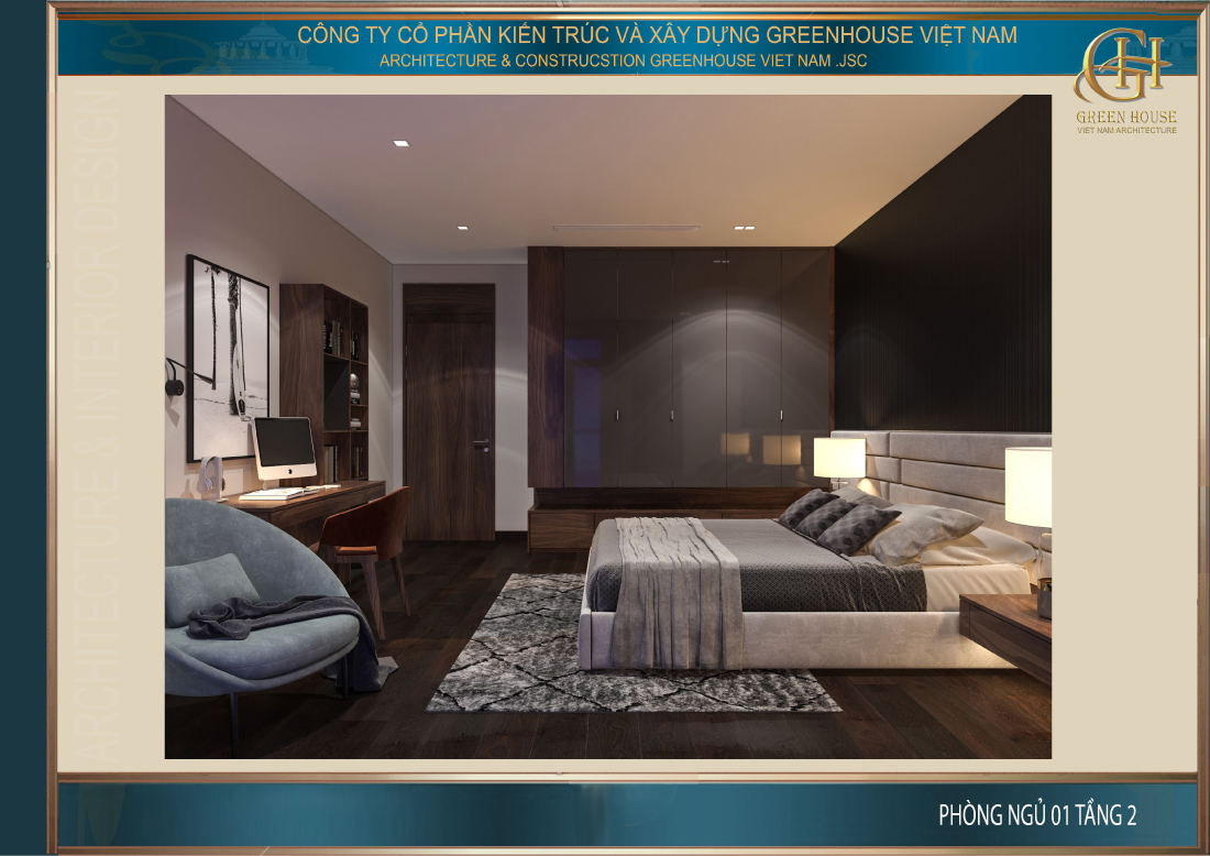 Thiết kế tủ quần áo tương đồng với hệ thống bàn, cửa trong phòng