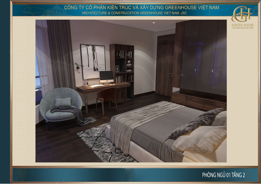 Phòng ngủ bố trí đầy đủ bàn học, giá sách phục vụ cho con trai