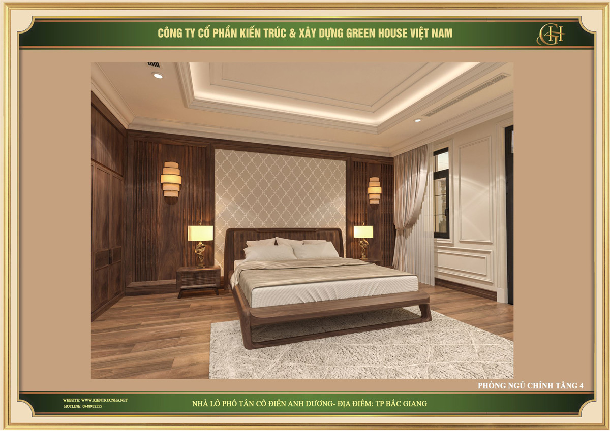 Chiếc giường ngủ lớn đặt giữa phòng để đảm bảo giấc ngủ tốt nhất cho gia chủ