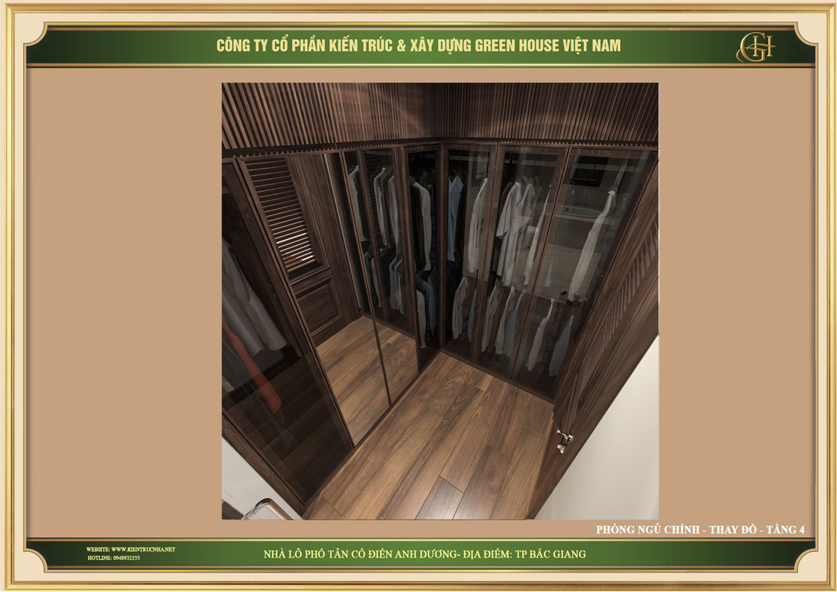 Thiết kế nội thất phòng thay đồ cho phong ngủ chính nhà phố tân cổ điển