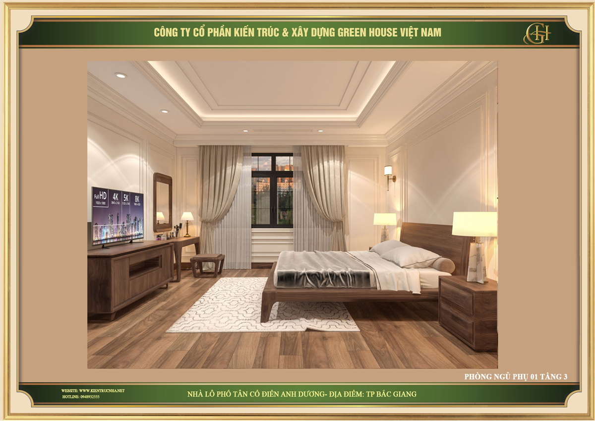 Thiết kế phòng ngủ phụ số 1 tại tầng 3 nhà phố tân cổ điển Bắc Giang