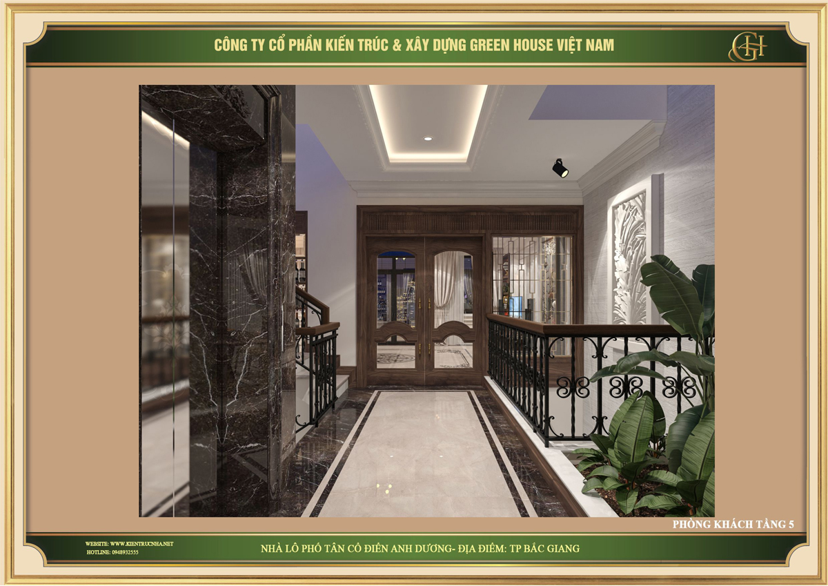 Hành lang dẫn vào phòng khách của nhà phố tân cổ điển