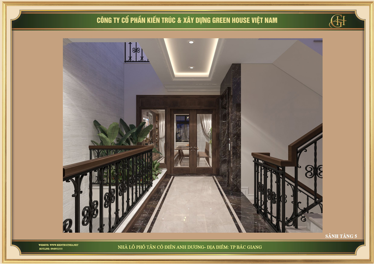 Hành lang dẫn vào phòng bếp của nhà phố tân cổ điển