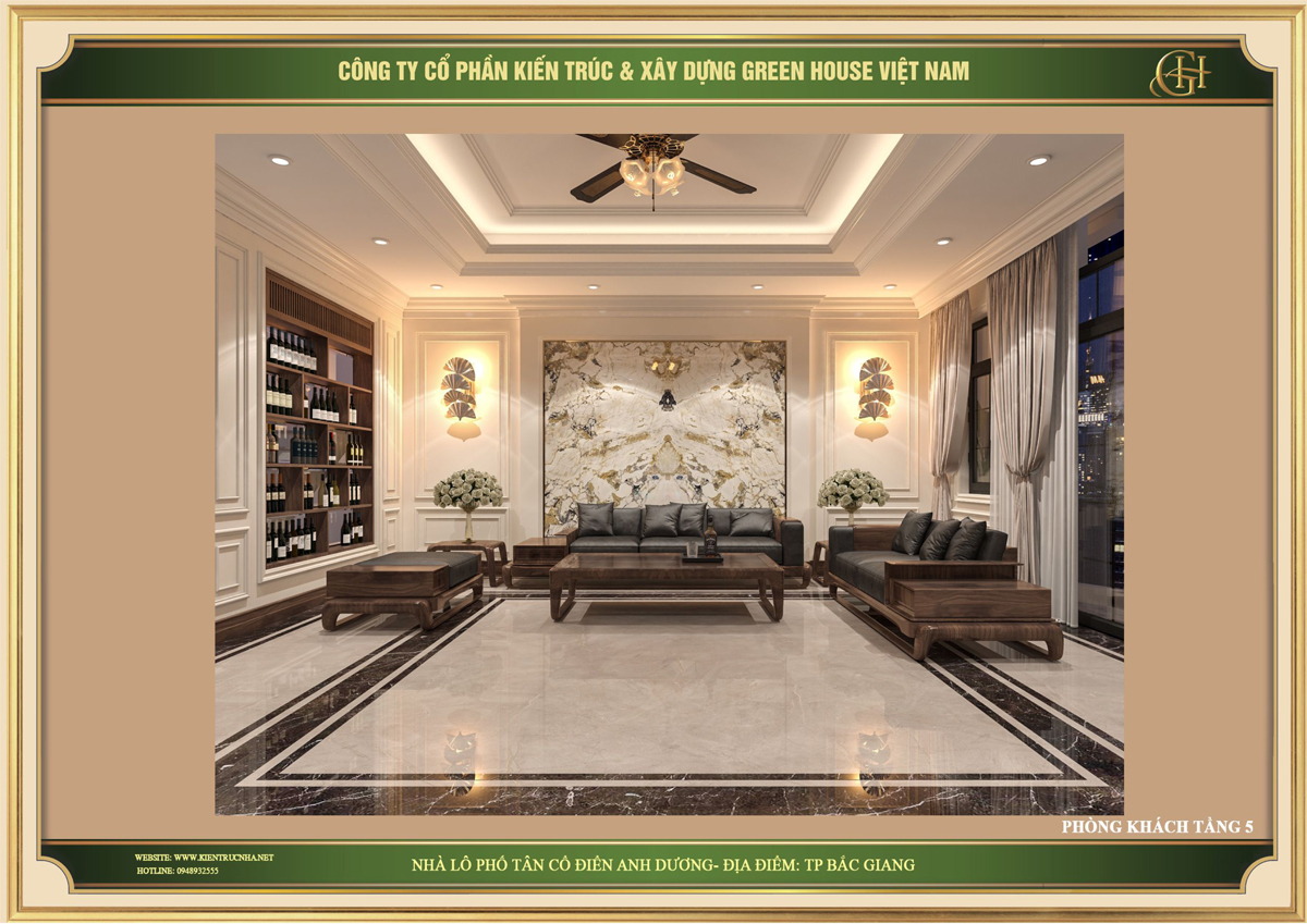 Phòng khách tân cổ điển được thiết kế với vẻ đẹp sang trọng từ chính những chi tiết giản đơn