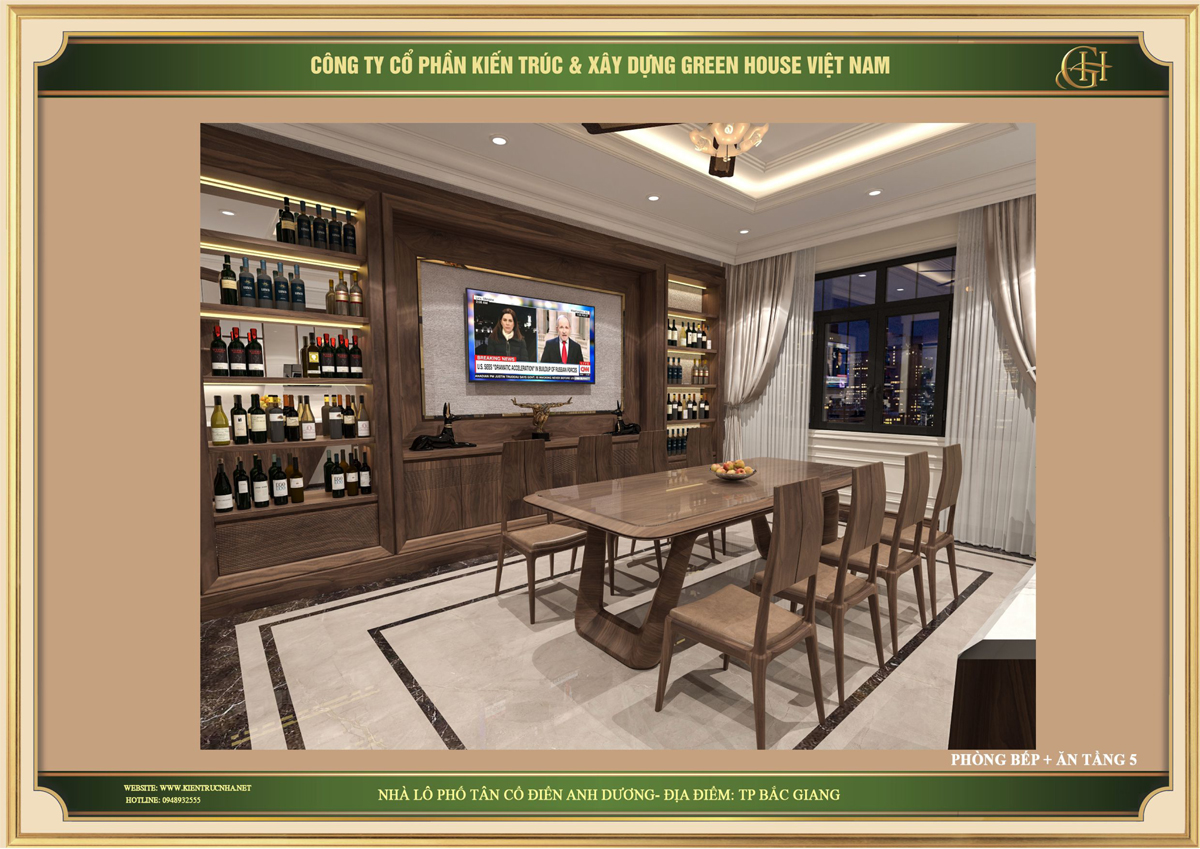 Không gian nội thất phòng ăn được thiết kế đồng bộ với không gian phòng khách