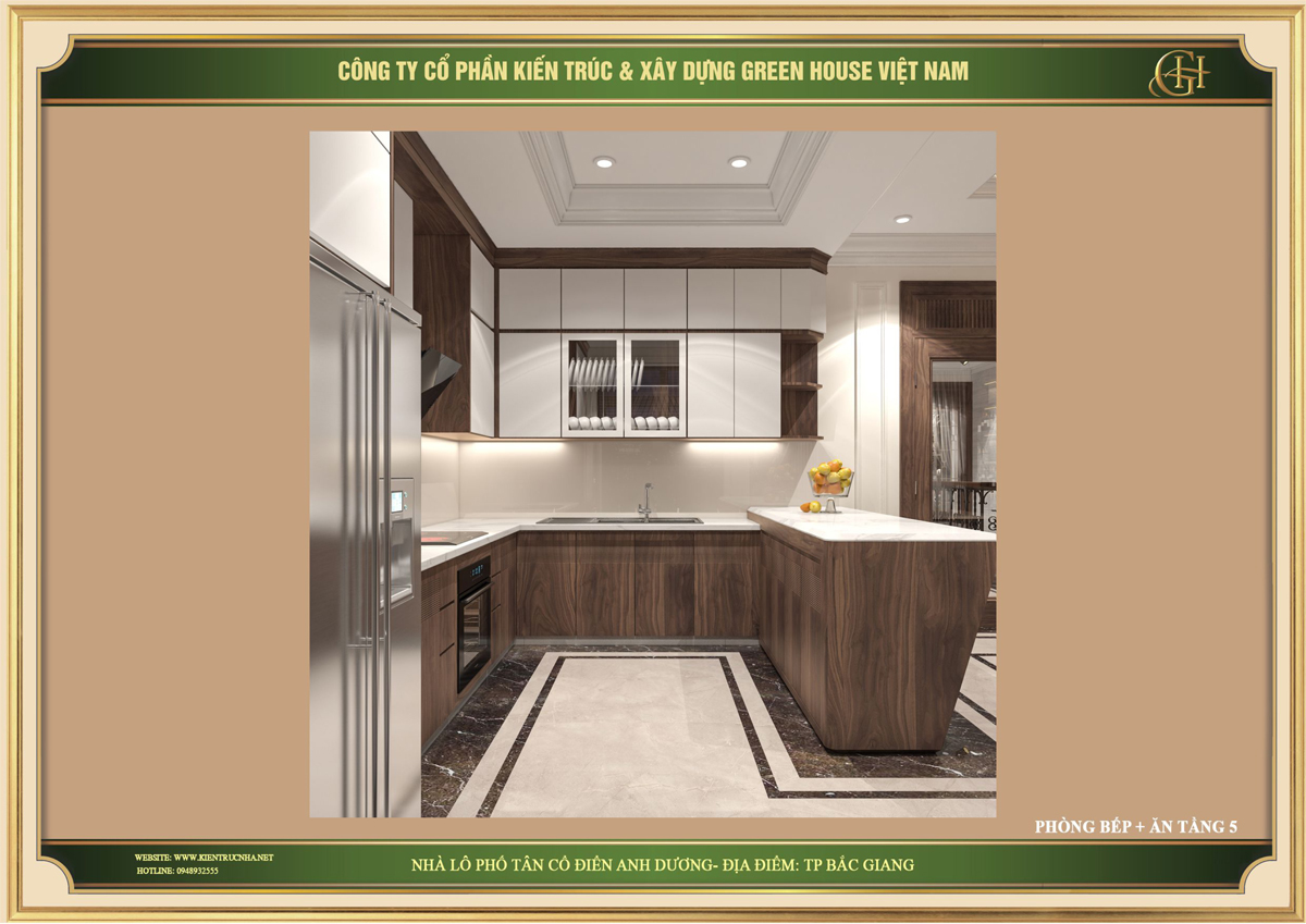 Thiết kế tủ bếp với chất liệu gỗ và đá vô cùng bền chắc và có giá trị thẩm mỹ cao