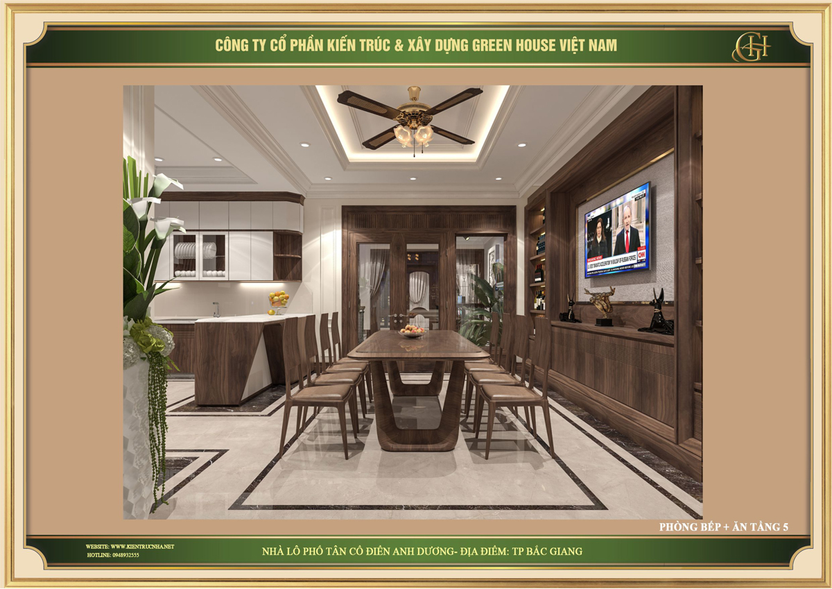 Toàn cảnh không gian phòng bếp nhà phố tân cổ điển tại Bắc Giang