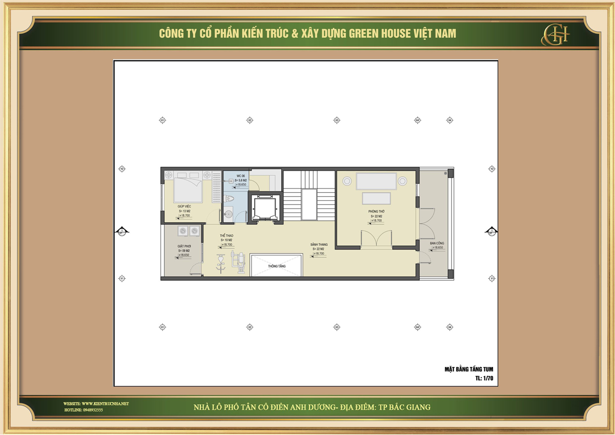 Thiết kế tầng tum với đầy đủ không gian như phòng thờ, phòng thể thao và sân phơi