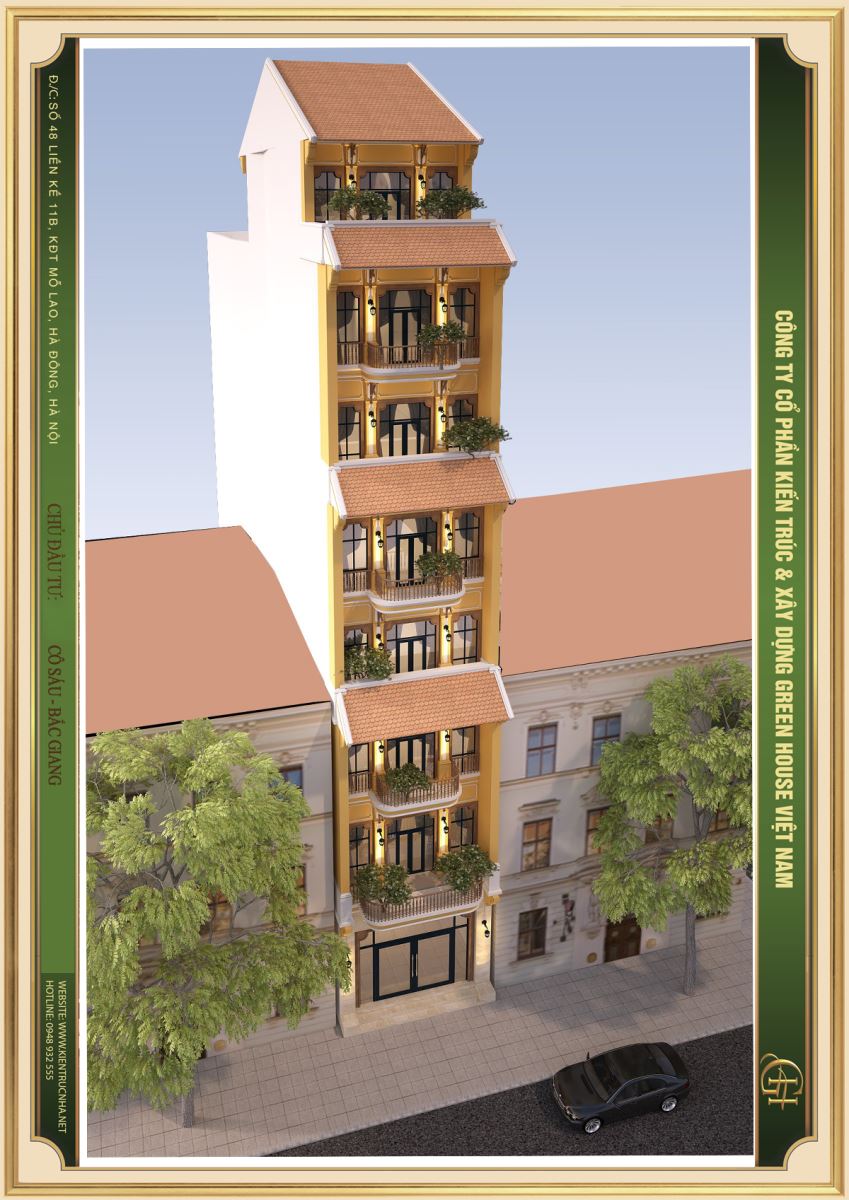 Thiết kế mặt tiền tầng 1 được ốp đá màu nâu vàng với đường vân trắng độc đáo