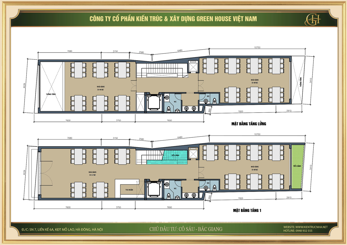 Bố trí công năng sử dụng của tầng lửng và tầng 1 dành cho không gian kinh doanh nhà hàng