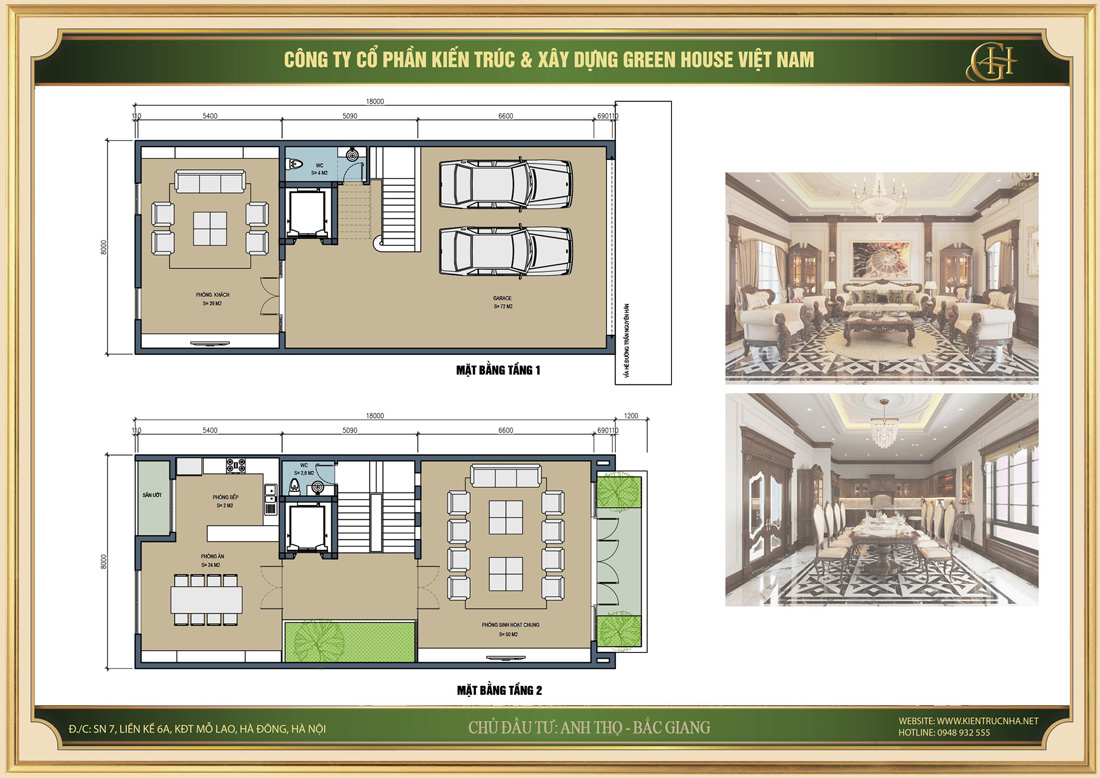 Thiết kế mặt bằng tầng 1 và tầng 2 của mẫu nhà phố phong cách tân cổ điển tại Bắc Giang