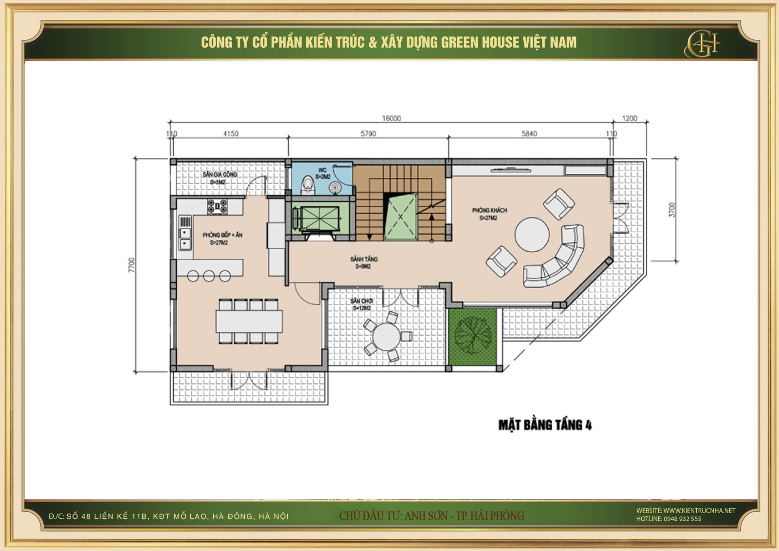 Tầng 4 là không gian sinh hoạt chung của gia đình chủ đầu tư với phòng khách, bếp hay phòng ăn